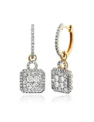 1.79 CT, White Round Brilliant cut Diamond Square Cluster Womens Drop Earrings In 14K Yellow Gold