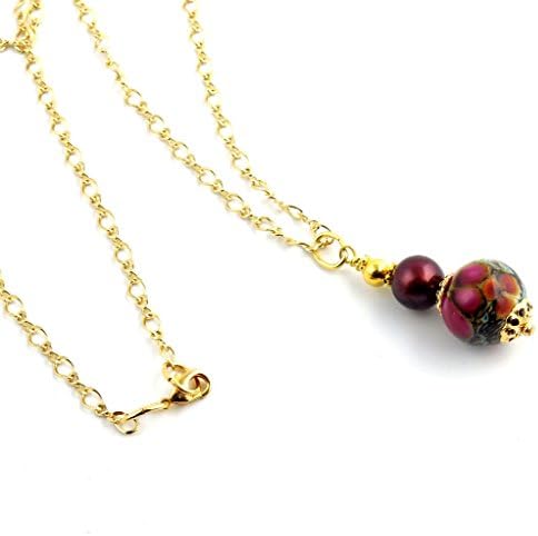 Handmade Dark Red and Green Floral Beaded Lampwork Charm Necklace with 18 Inch Gold Plated Chain