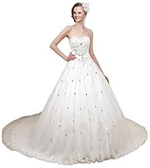 Strapless Crystal Lace-Up Beaded Sequined  Striped Print Sweetheart  Ball Gown Wedding Dress  with a Chapel Train 