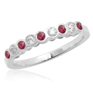 10k White Gold Bezel-Set Round Ruby and Diamond Stack Ring, Size 9 by