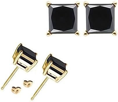 4.00 Carat 8 MM Princess Black CZ 925 Sterling Silver Yellow Gold Plated Women Unisex Stud Pair Earring