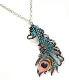 Fabulous Purple & Blue Crystal Covered Peacock Feather Pendant Necklace on Long 30