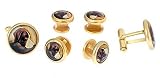 Gold plated brushed finish cufflinks and shirt stud set with dog accent with presentation box. Made in the U.S.A