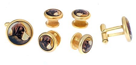 Gold plated brushed finish cufflinks and shirt stud set with dog accent with presentation box. Made in the U.S.A