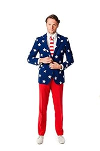 OppoSuits Men's Stars and Stripes Party Costume Suit, Blue/Red/White, 38