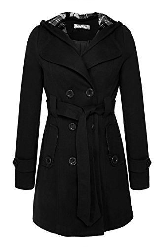 ANGVNS Stylish Women's Check Double Breasted Hooded Jacket Thick Outwear Jacket