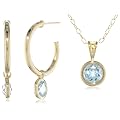 Bronze and 18k Yellow Gold Plated Genuine Sky Blue Topaz Drop J-Hoop Earrings and Pendant Set, 18"