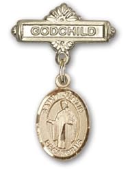 14K Gold Baby Badge with St. Justin Charm and Godchild Badge Pin