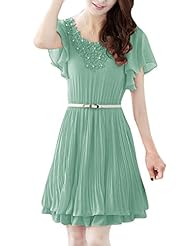 Above the Knee Short Scoop Neck Elasticized   Waistline Chiffon/Cotton Belted   Tiered  Dress With Ruffles and Pearls