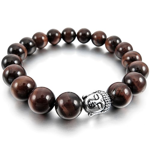 Men,Women's 10mm 12mm Alloy Bracelet Link Wrist Energy Stone Brown Silver Tiger Eye Buddha Mala Beads Elastic