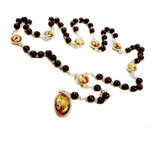 Chaplet of The Seven Sorrows Rosary - 18in. Chain - Wood Beads with Illustrated Medals and Centerpieces - IMPORTED FROM ITALY - Gift Boxed
