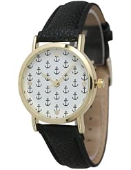 Womens Geneva Multi Anchor Design Gold Trim Leather Watch - Black