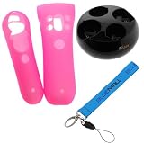 GTMax PS3 Motion 2 Port Controller Cradle Charger + 2pc Pink Sony PS3 Move Silicone Case+Wrist Strap Lanyard