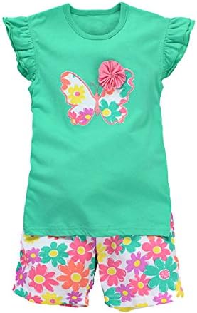 Baby and Little Girl's Summer Cartoon T-Shirt Top Shorts Clothing Set Outfit (18M/Age 12-18 Months, Green)