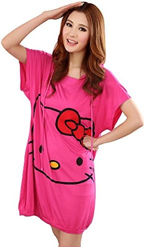 SHUFUGE Women's Knitting Cotton Sweet Short Sleeved Dress With Cartoon Kitty Print Nightdress Rose