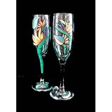 Bird of Paradise Design Hand Painted Matching Set of Toasting Flutes