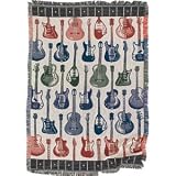 Guitar Woven Throw Cotton Tapestry Fringe Vibrant Colors Fret Pattern Border