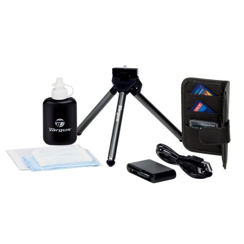 Targus TGK-FR300 Essentials Kit includes TP7 Tripod, 3 Pieces Cleaning Kit, 3 Screen Shield Protectors, Memory Card reader and a Memory Wallet