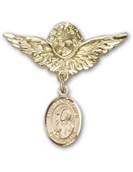 14K Gold Baby Badge with St. Rene Goupil Charm and Angel with Wings Badge Pin