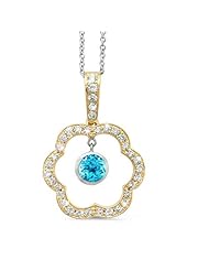 Open Carnation Floral Diamond Pendant With A Round Center Stone In 18K Yellow Gold With A 0.60 ct. Genuine Blue Topaz Center Stone.