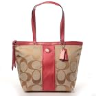 NWT COACH F21950 SIGNATURE STRIPE TOTE SHOULDER BAG SV/KHAKI/ CORAL NWT $268