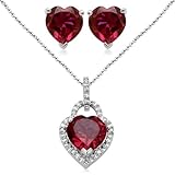 Sterling Silver Heart Created Ruby and Diamond Ring Pendant and Earring Box Set, Size 7