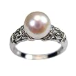 Dancing Filigree Cubic Zirconia Leafy White Cultured Pearl Platinum Overlay Sterling Silver Ring