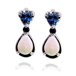 14k White Gold Created Opal, Swiss Blue Topaz and Blue Sapphire Tear Drop Earrings