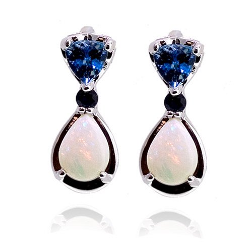 14k White Gold Opal, Swiss Blue Topaz and Blue Sapphire Tear Drop Earrings