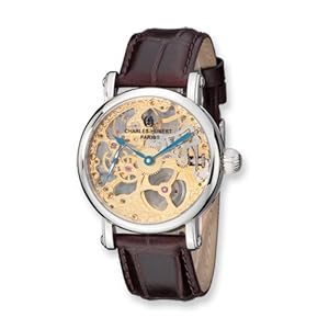Stnlss Stl Brown Strap Skeleton Mechanical Watch by Charles Hubert Paris Watches, Best Quality Free Gift Box Satisfaction Guaranteed