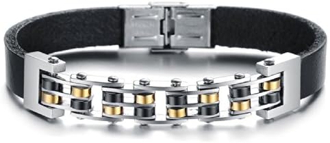 INTOP Black Genuine Leather Men's Bracelet Golden Wristband Adjustable Length[Jewelry]