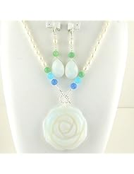 Carved Opalite Flower Pendant Freshwater Pearl Lariat Sterling Silver Toggle Necklace Earrings