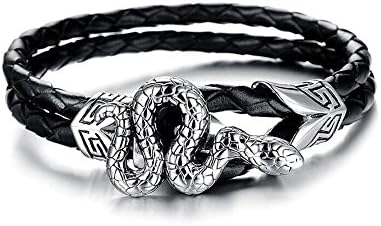 Mens Legend Fashion Cool Mens Stainless Steel Bracelets Genuine Leather Braided Biker Snake Bracelets