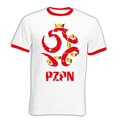 Polen – WAPPEN – Vintage – Ringer Herren T-Shirt – Weiss / Rot-Gold Gr. L