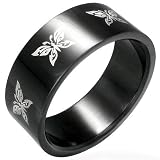 Gents Black Stainless Steel Butterfly design Band Ring, 8mm Wide.