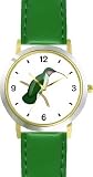 Gray Throated Hummingbird on Branch - JP - WATCHBUDDY® DELUXE TWO-TONE THEME WATCH - Arabic Numbers - Green Leather Strap-Size-Children's Size-Small ( Boy's Size & Girl's Size )
