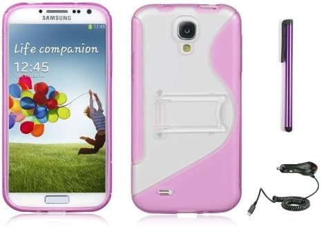 Samsung Galaxy S4 I9500 Standed Flexible Phone Protective Cover Skin Case With Stand And Car Charger, Purple Stylus Pen (Pink)