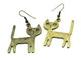 Brass Cat Animal Hanging Earrings Dangle Hook Fashion Jewelry Dangling Feline Kitty (Sold As Pair)