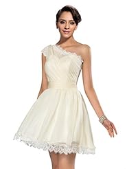 Modest A-line One Shoulder Chiffon Knee Length Short Lace Fitted Bridesmaid Dress 