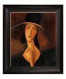 Art Reproduction Oil Painting - Modigliani Paintings: Portrait of Woman in Hat with Veine D' Or Bronze Scoop - Bronze and Rich Brown Finish - 26.5 X 30.5 - Hand Painted Framed Canvas Art