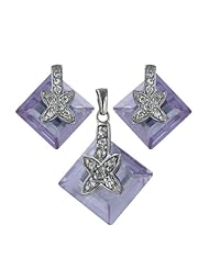 Sterling Silver Square Lavendar Glass with X shape on top Earring Pendant Set 16 inches chain