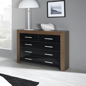 Siracusa Five Drawer Chest in Walnut and High Gloss Black