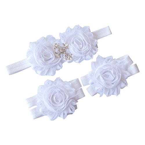 White Christening Baptism Cross Headband Infant Baby Barefoot Sandal Gift Set (Adjustable Headband & Barefoot Sandal 6 M - 12 M)