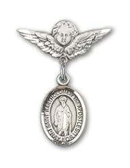 Sterling Silver Baby Badge with St. Bartholomew the Apostle Charm and Angel with Wings Badge Pin