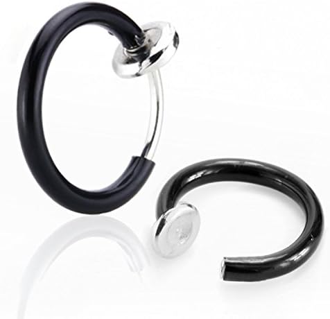 JewelrieShop 1 Pair Surgical Steel Clip on Non Piercing Hoop Fake Punk Nose Lip Ear Rings Earrings Piercing Black 10mm