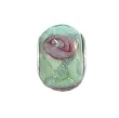 Pandora Style Charm Bead (Z287) Murano Style Glass (14mm x 10mm) (fits Troll too) ~ Milky Green with Pink Flowers and Metallic Light Green Stripes