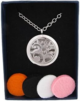 Fragrance Gift TM Surgical-grade Hypoallegenic 316l Stainless Steel Fragrance Diffuser Necklace 23.8" Chain with 4 refill pads(Silver-Trees)