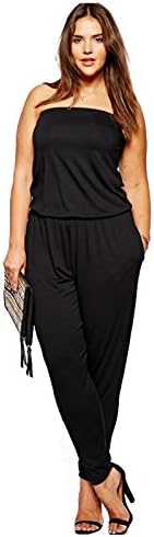 Plus Size Womens Casual Strapless Elastaic Waist Black Party Jumpsuit Long Pants