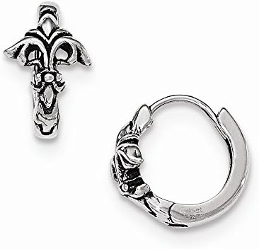 Stainless Steel Antiqued/Polished Fleur de lis Hinged Hoop Earrings