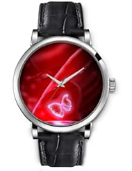 SPRAWL Aanalog Fashion Series Silver Ladies Watches of Genuine Black Leather Strap,Unique Wrist Watch for Women Girls Designed with Form of a butterfly on red petal